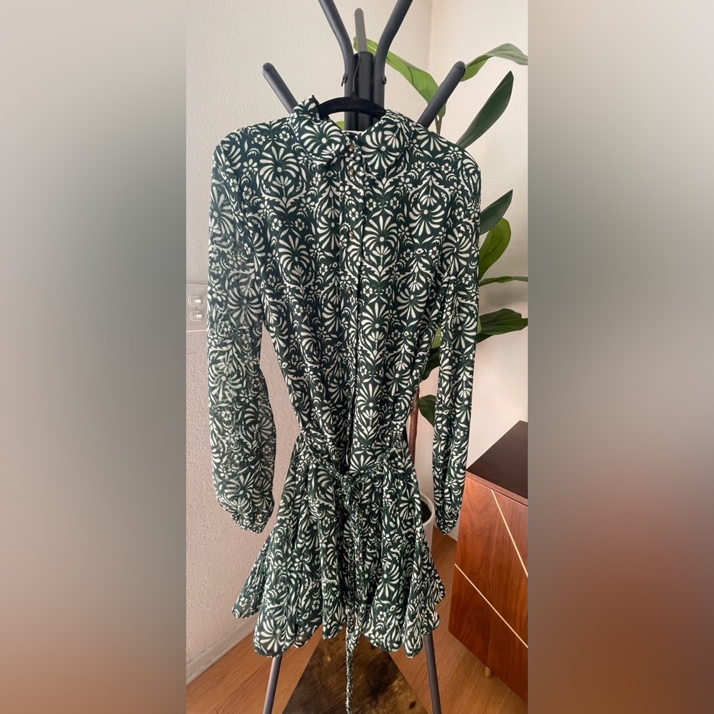 Zara floral printed and buttoned up dress with braided and beaded waist belt.